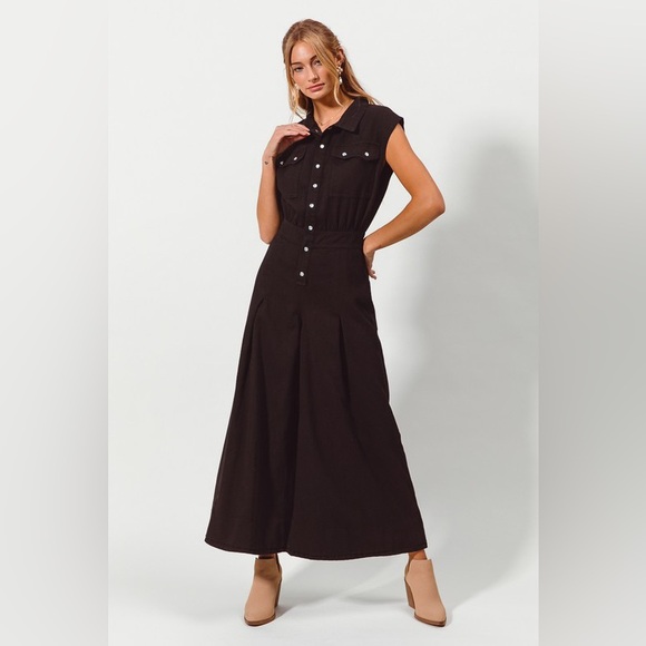 Black denim washed pleated boho bohemian flare chic boho Wide Leg Jumpsuit - Picture 5 of 9